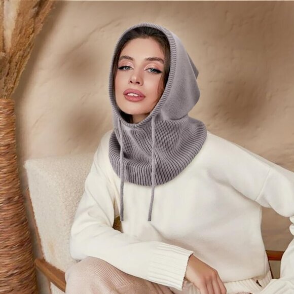Women Winter Knit Beanie Hat with Drawstring Hooded Scarf for Warmth